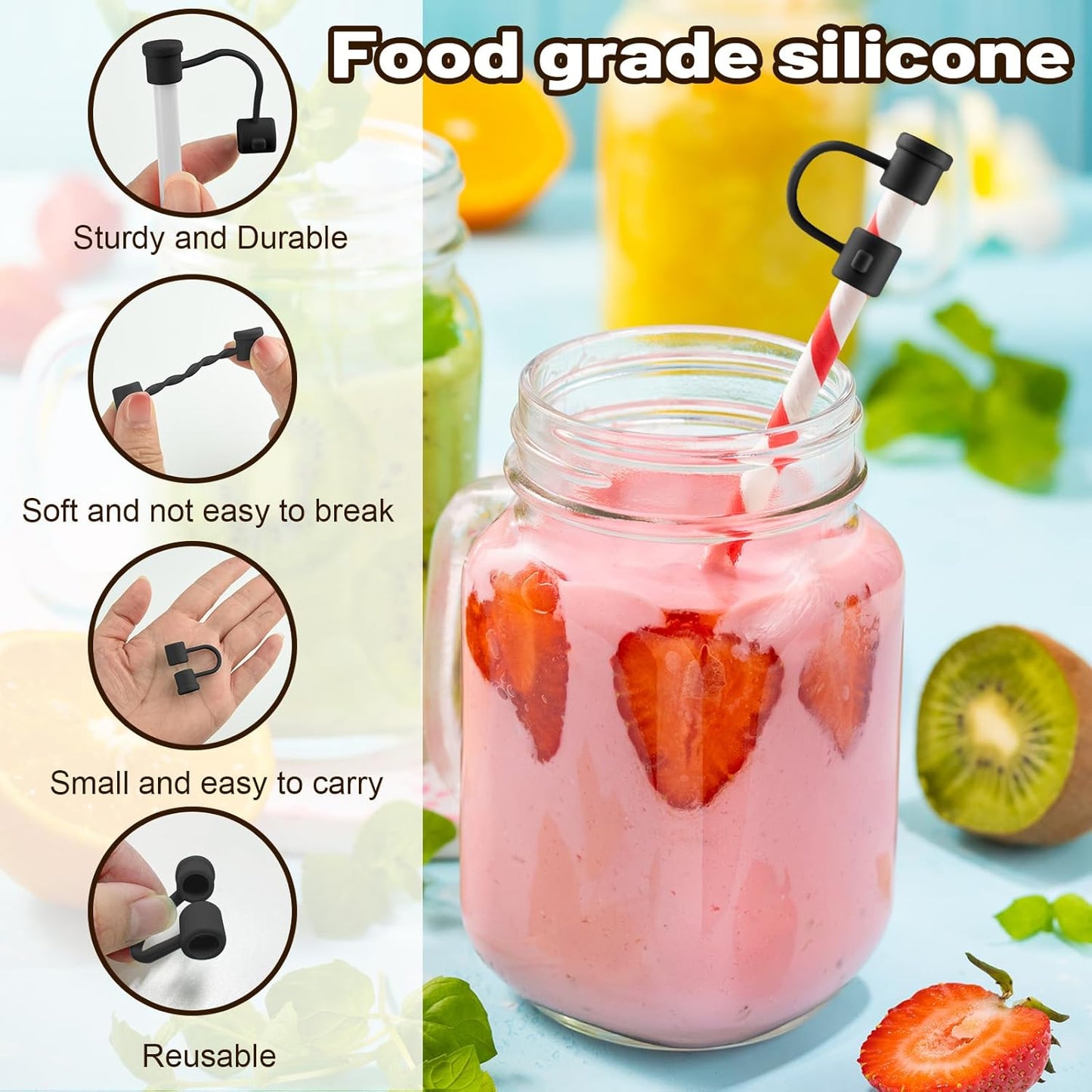 Straw Toppers Straw Covers Cap for Cup, PLULON 16Pcs Silicone Straw Cover Caps 8mm Reusable Straw Tips Dust-Proof Straw Toppers Black Straw Covers Plugs Straw Protector Accessories