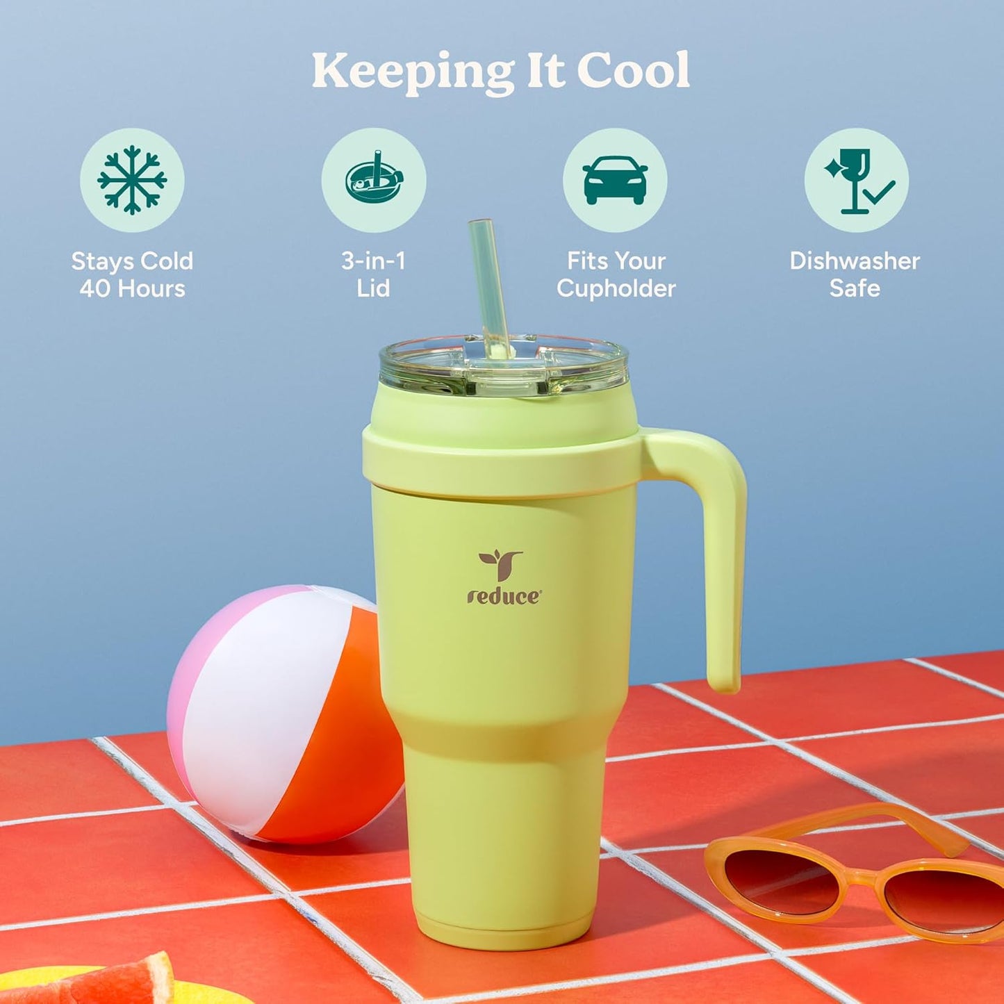 REDUCE 24 oz Stainless Steel Tumbler with Handle - Dual-Wall Vacuum Insulated Travel Mug, Sweat-Proof Lid & Reusable Straw - Keeps Drinks Cold for 24 Hrs, Fits Cupholders, Dishwasher Safe - Lilac Bud