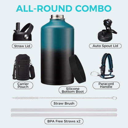 32/40/64OZ Insulated Water Bottle - Keep Cold 48H Hot 24H, Combo Straw/Spout Lids, Paracord Handle for Gym/Hiking, Carrier Bag +Strap, Cup Mat, BPA-Free Stainless Steel Flask Jug