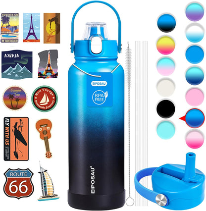 Insulated Water Bottle with Lid & Boot & Stickers, 24 oz Stainless Steel Sweat Free Bottle Keep Cold 24H, BPA-Free Sports Wide Mouth Water Bottle, BlueBlack