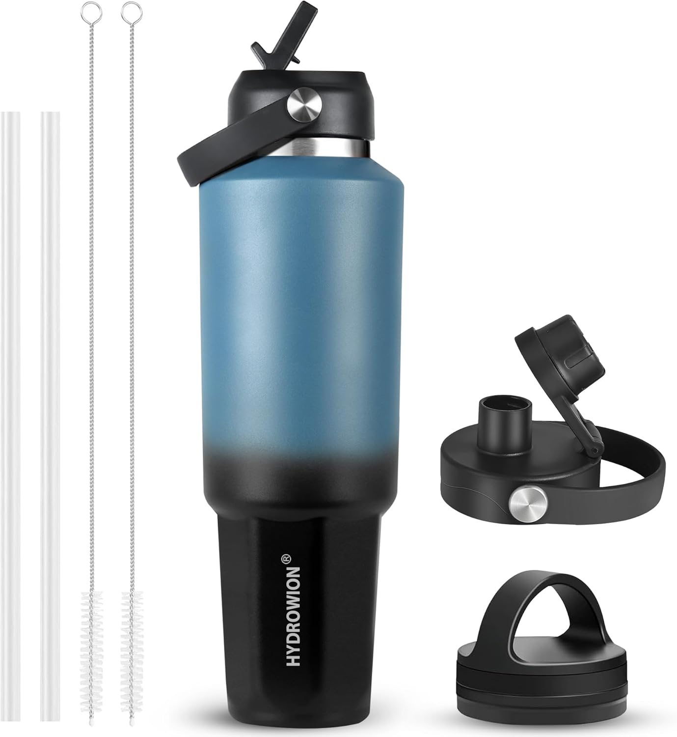 HYDROWION 32oz Stainless Steel Water Bottle(Cold for 48 Hrs, Hot for 24 Hrs),Double Wall Vacuum Insulated Water Bottle with Straw Lid, Spout Lid and Flex Cap, Fit in Any Car Cup Holder,Black