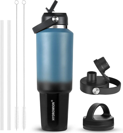 HYDROWION 32oz Stainless Steel Water Bottle(Cold for 48 Hrs, Hot for 24 Hrs),Double Wall Vacuum Insulated Water Bottle with Straw Lid, Spout Lid and Flex Cap, Fit in Any Car Cup Holder,Black