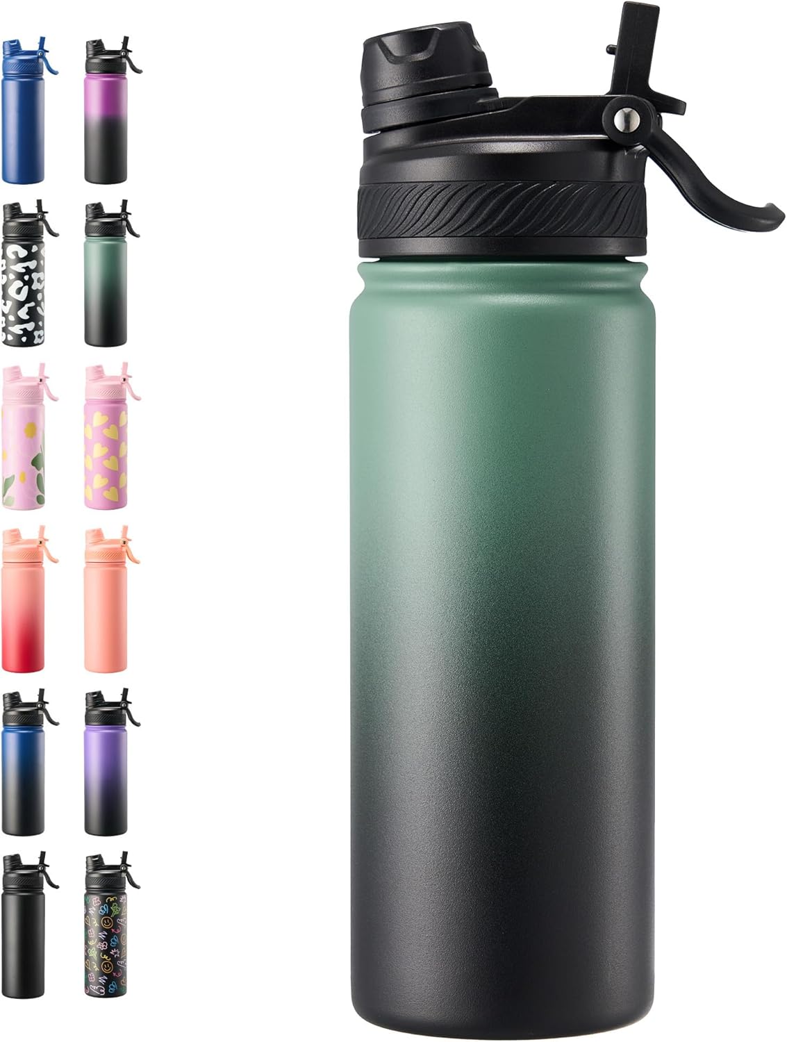 Fijinhom 18 oz Insulated Water Bottle, 2-in-1 Straw and Spout Lid Stainless Steel Thermos, Leak-Proof, Double Wall Vacuum Flask, Keep Cold 24H for Outdoor, Sports, Travel, School (Black)