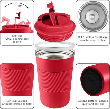 YINBAOGE Insulated Travel Coffee Mug, Spill & Leak Proof, Portable To Go Camping Stainless Steel Coffee Tumbler, Reusable Thermal Coffee Cup with Lid for Hot & Cold Drinks (Black, 12 OZ)