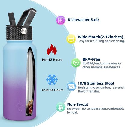 BJPKPK Insulated Water Bottles with Straw Lid, 40oz Stainless Steel Water Bottles with 3 Lids, BPA Free Leakproof Thermo, Tumblers, Cups for Sports, Gym- Midnight - Colors A