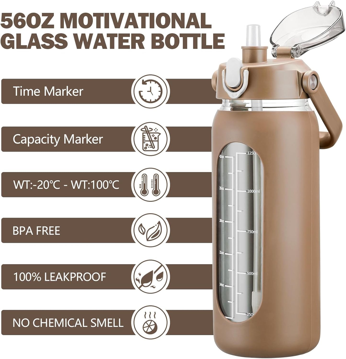 64oz Glass Water Bottles with Straw, Half Gallon Motivational Glass Bottle with Silicone Sleeve and Time Marker, 2L Leakproof Large Glass Water Jug for Gym Home Office,olive
