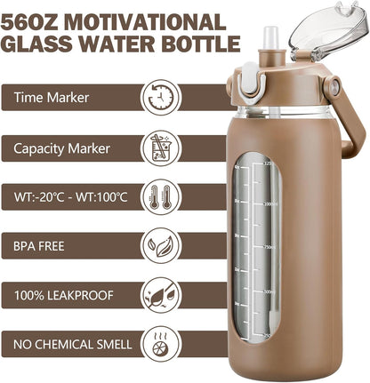64oz Glass Water Bottles with Straw, Half Gallon Motivational Glass Bottle with Silicone Sleeve and Time Marker, 2L Leakproof Large Glass Water Jug for Gym Home Office,olive