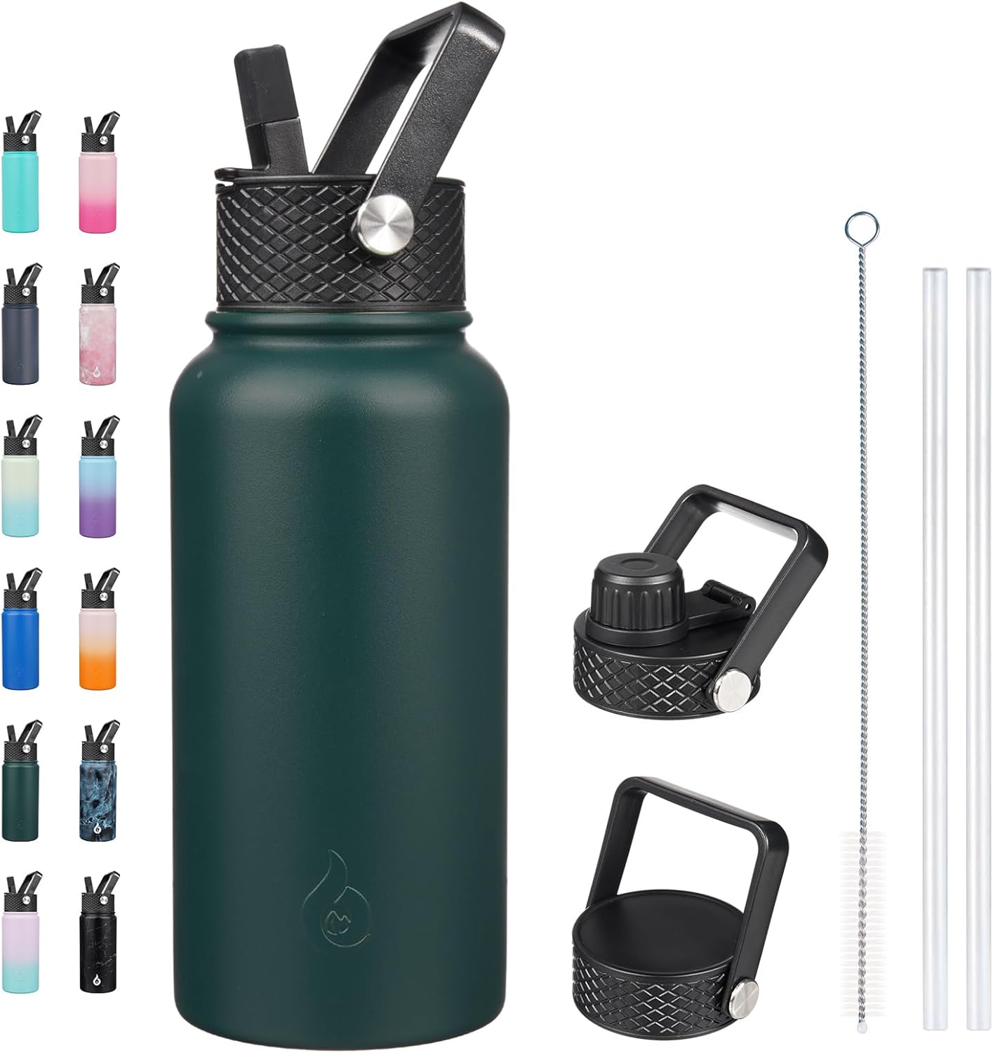 BJPKPK Insulated Water Bottles with Straw Lid, 40oz Stainless Steel Water Bottles with 3 Lids, BPA Free Leakproof Thermo, Tumblers, Cups for Sports, Gym- Midnight - Colors B