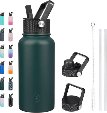 BJPKPK Insulated Water Bottles with Straw Lid, 40oz Stainless Steel Water Bottles with 3 Lids, BPA Free Leakproof Thermo, Tumblers, Cups for Sports, Gym- Midnight - Colors B