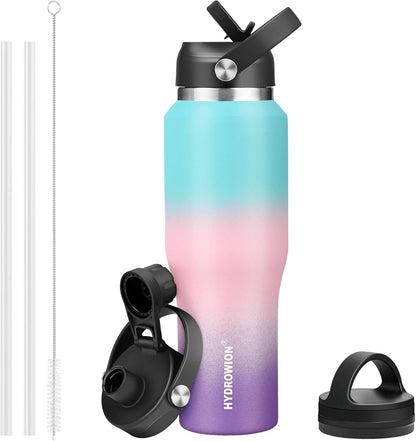 HYDROWION 32oz Stainless Steel Water Bottle(Cold for 48 Hrs, Hot for 24 Hrs),Double Wall Vacuum Insulated Water Bottle with Straw Lid, Spout Lid and Flex Cap, Fit in Any Car Cup Holder,Black