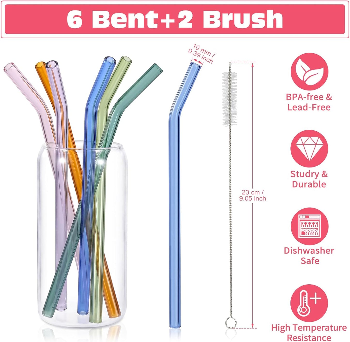 10 Pcs Reusable Bent Glass Drinking Straws,9''x10 mm Colorful Glass Straws for Beverages, Shakes, Milk Tea, Juices,Set of 10 Bent with 2 Cleaning Brushes -Shatter Resistant