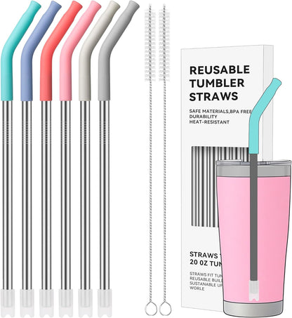 40 oz Straight Metal Straws for 40 oz Stanley Tumbler, 6 Pcs Stainless Steel Reusable Drinking Metal Straw with Colourful Silicone Tips,Straw for Glass Cups, BPA FREE