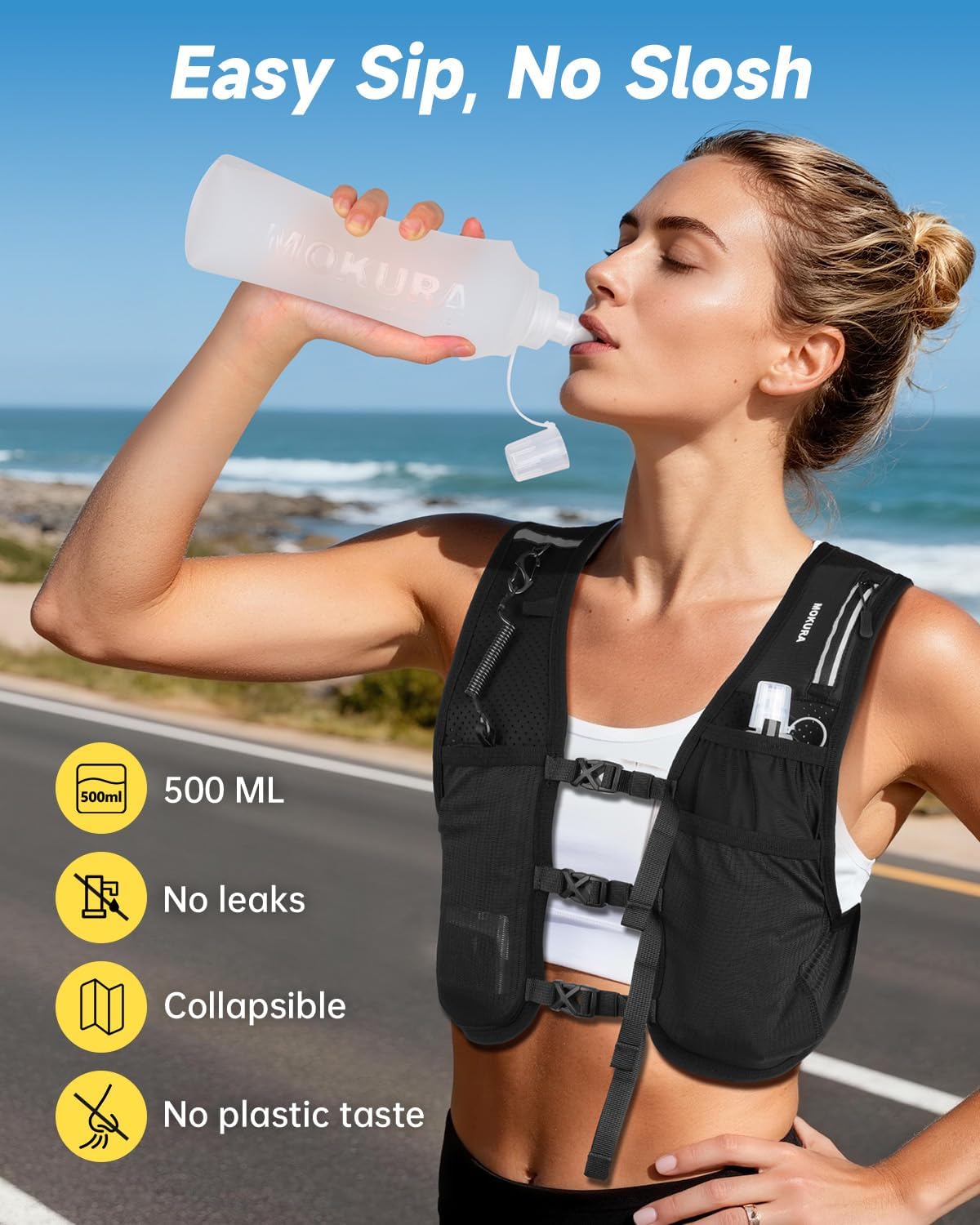 MOKURA Running Vest for Women Men, Lightweight Hydration Vest with 500ML Soft Flask & Phone Holder, Reflective Running Backpack, Adjustable Run Pack Water Bottle, Runner Marathon Essentials