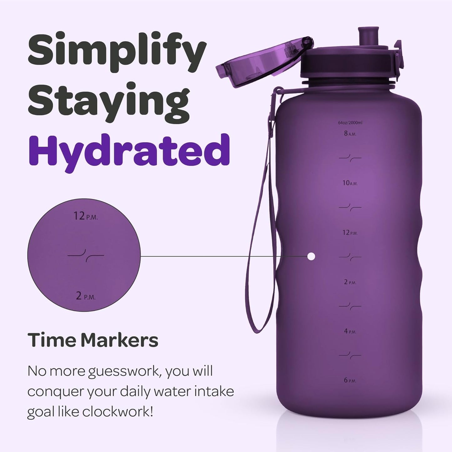 Hydracy Water Bottle with Time Marker -Large BPA Free Water Bottle & No Sweat Sleeve -Leak Proof Gym Bottle with Times to Drink - Ideal for Fitness Sports & Outdoors
