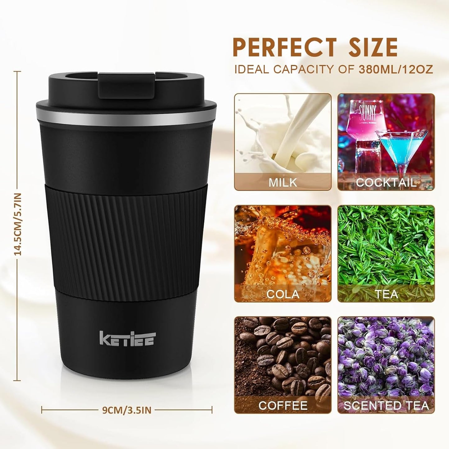 KETIEE Travel Coffee Mug Spill Proof 12oz, Insulated Travel Mug to Go, Reusable Coffee Cup with Seal Lid, Vacuum Stainless Steel Tumbler for Hot/Cold Drinks (Red)