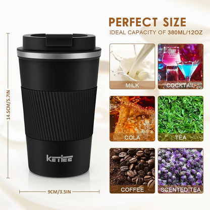 KETIEE Travel Coffee Mug Spill Proof 12oz, Insulated Travel Mug to Go, Reusable Coffee Cup with Seal Lid, Vacuum Stainless Steel Tumbler for Hot/Cold Drinks (Red)