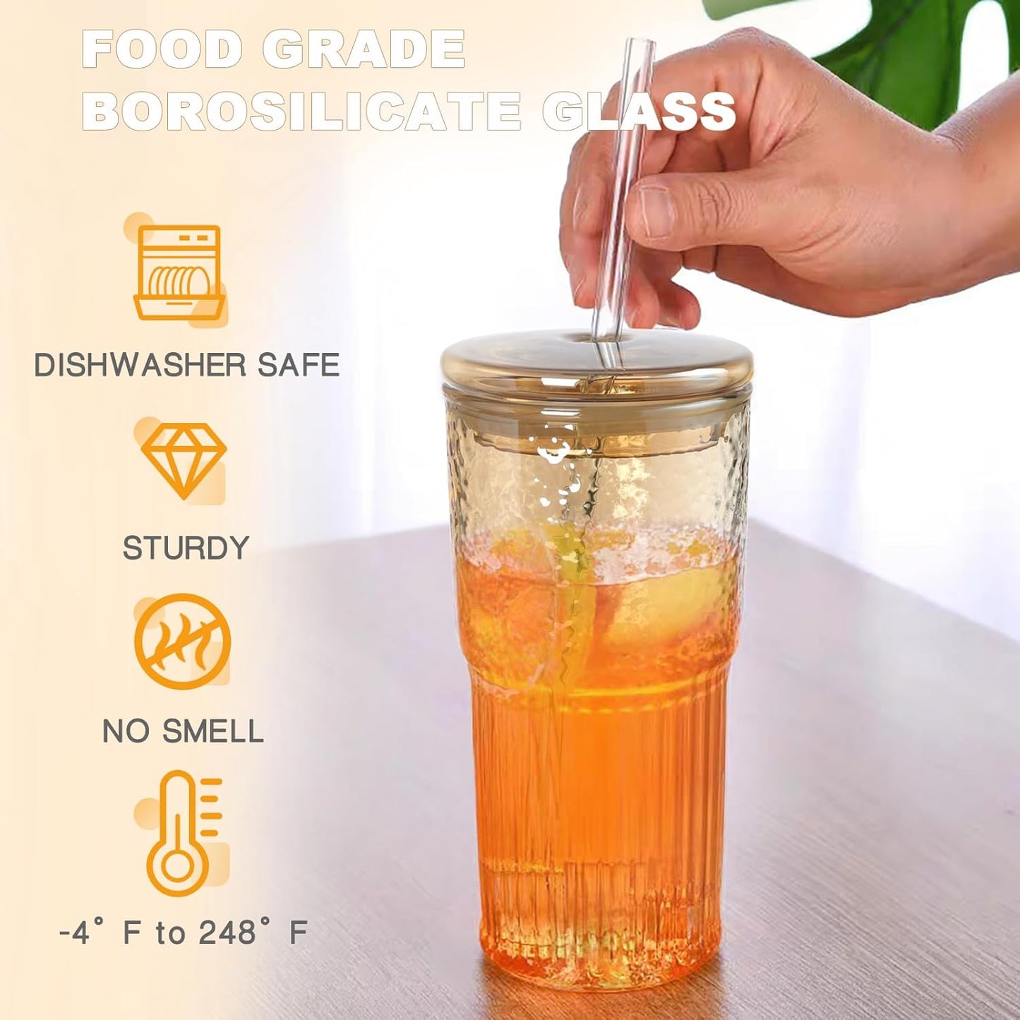 JunVpic Glass Cups with Lids and Straws,24oz Glass Tumbler with Handle Iced Coffee Cup for Coffee,Juice,Tea,Milk,Smoothie,Hot & Cold Drinks (Pink)