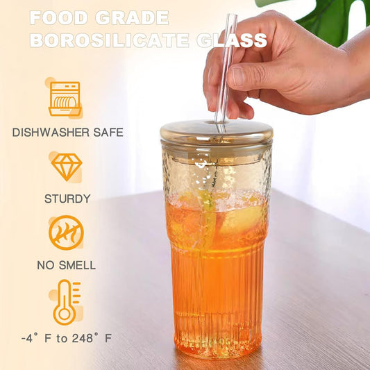 JunVpic Glass Cups with Lids and Straws,24oz Glass Tumbler with Handle Iced Coffee Cup for Coffee,Juice,Tea,Milk,Smoothie,Hot & Cold Drinks (Pink)