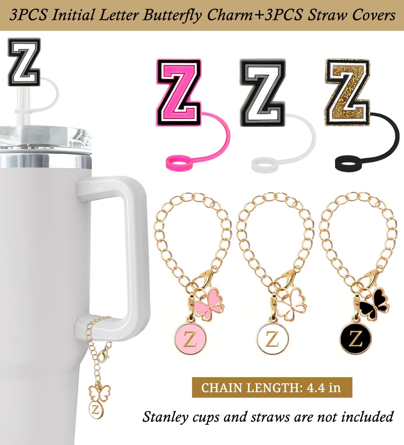 （3 +3) 3PCS Nuozme Straw Cover 10mm For Stanley Tumbler Cup Reusable Straw Cap Topper with 3 Initial Letter Charms Accessories Name ID Personalized Handle Charm For Stanley 30&40 Oz Cup Tumbler - Colors A