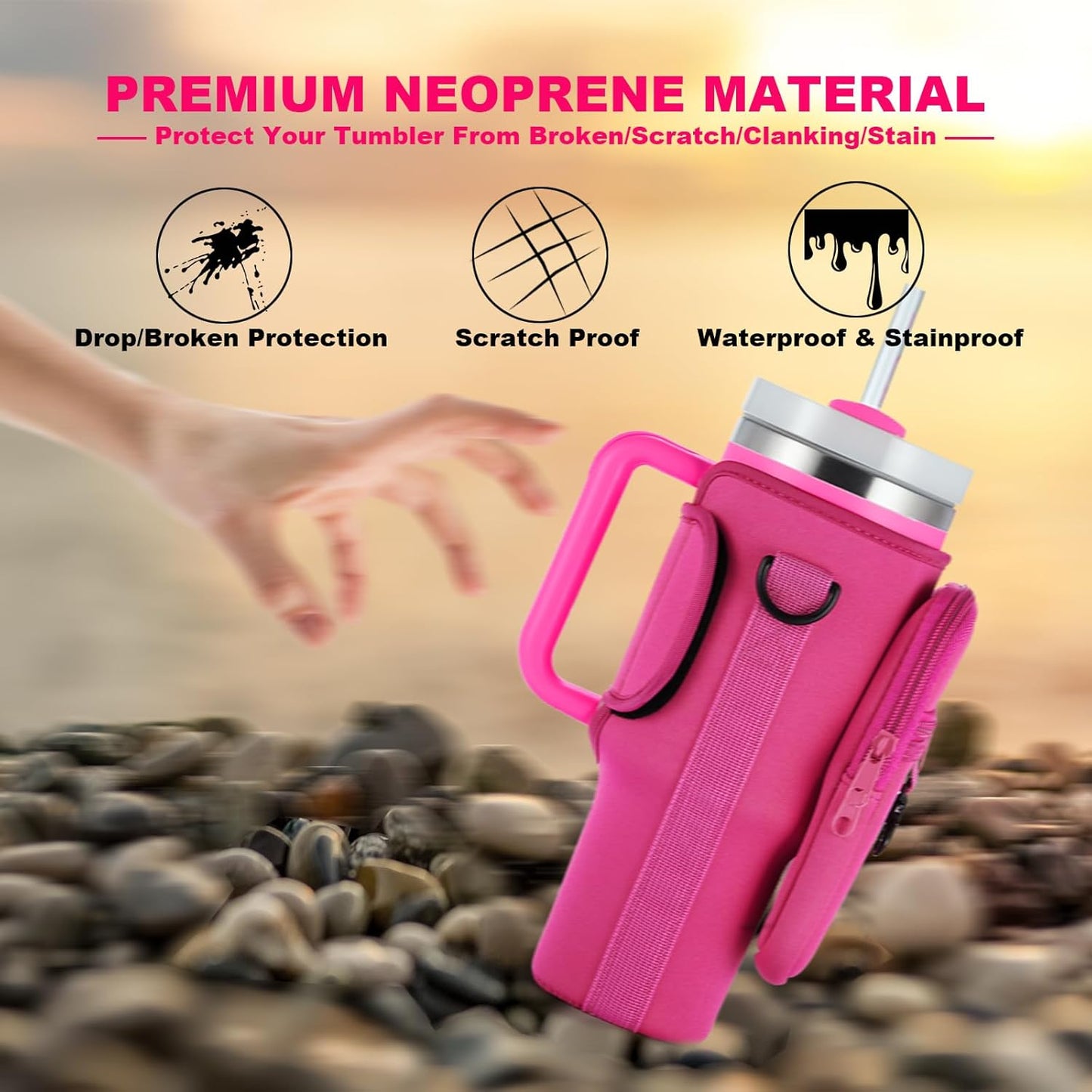 BULKITEM Water Bottle Carrier Bag with Phone Pocket for Stanley 40 & 30 oz Tumbler with Handle,Pink Insulated Neoprene Cup Holder Pouch w/Adjustable Strap for Quencher H2.0 Stanley Cup Accessories
