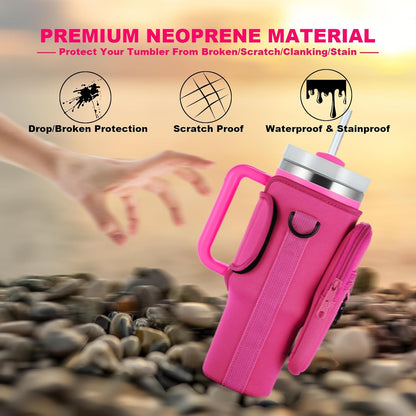 BULKITEM Water Bottle Carrier Bag with Phone Pocket for Stanley 40 & 30 oz Tumbler with Handle,Pink Insulated Neoprene Cup Holder Pouch w/Adjustable Strap for Quencher H2.0 Stanley Cup Accessories