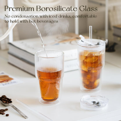 KEMORELA 16oz Ribbed Glass tumbler with Lids and Straws 2pcs,Double Wall Iced Coffee Cups with Lids,Coffee Bar Accessories, Insulated Borosilicate Glass Tumblers, To Go Coffee Cups, Spill proof