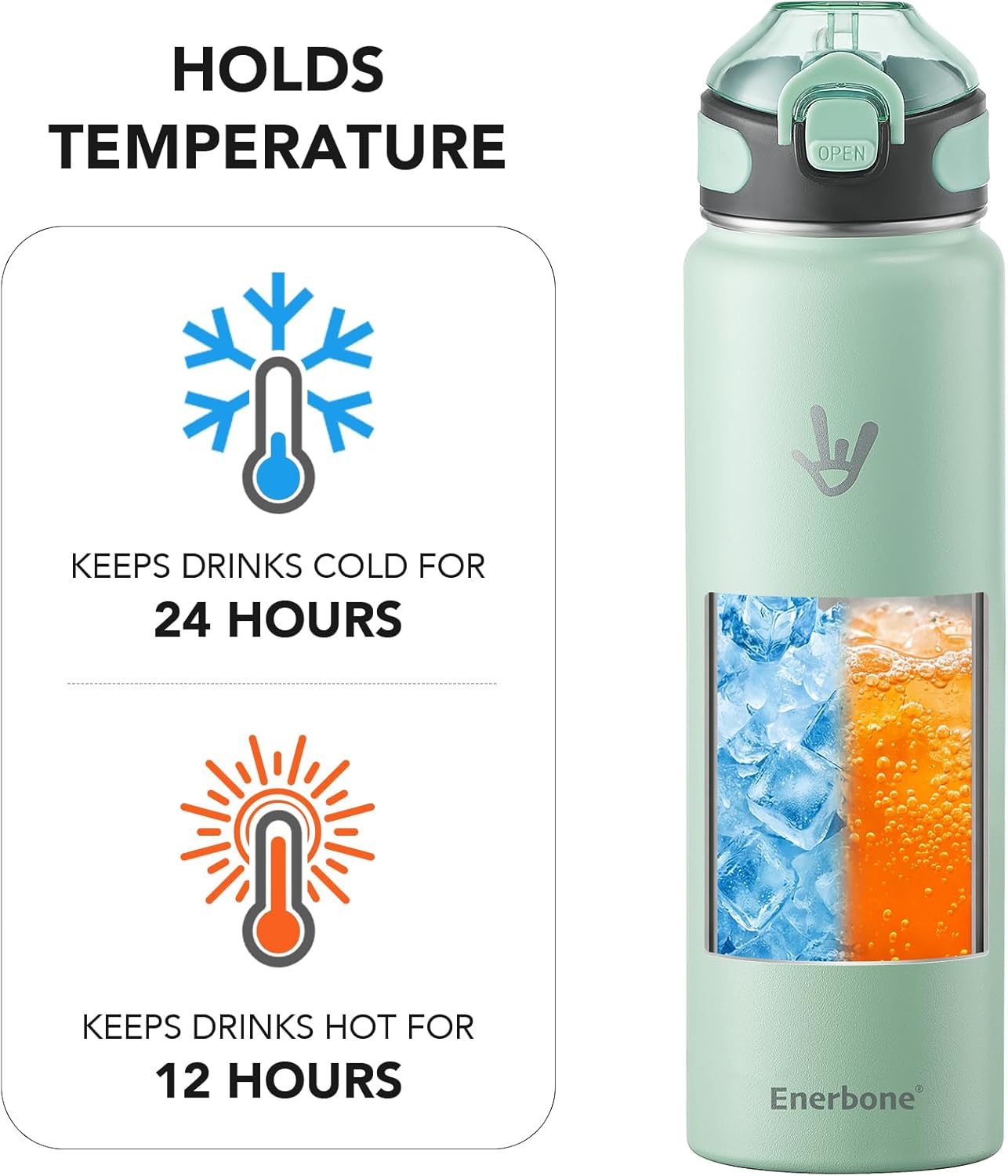 Enerbone 24 oz Insulated Water Bottle, Stainless Steel Bottle with Carrying Strap, Double-Wall Vacuum Insulation Design, Leakproof Sports Bottle with Straw, Keep Drinks Cold or Hot for Hours