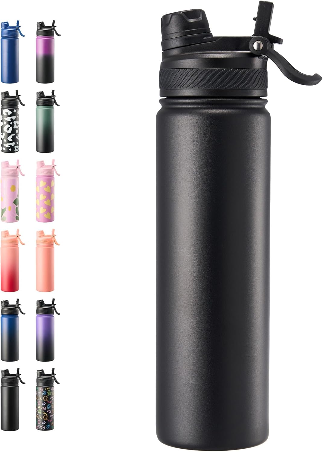 Fijinhom 18 oz Insulated Water Bottle, 2-in-1 Straw and Spout Lid Stainless Steel Thermos, Leak-Proof, Double Wall Vacuum Flask, Keep Cold 24H for Outdoor, Sports, Travel, School (Black)