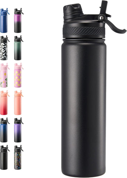 Fijinhom 18 oz Insulated Water Bottle, 2-in-1 Straw and Spout Lid Stainless Steel Thermos, Leak-Proof, Double Wall Vacuum Flask, Keep Cold 24H for Outdoor, Sports, Travel, School (Black)