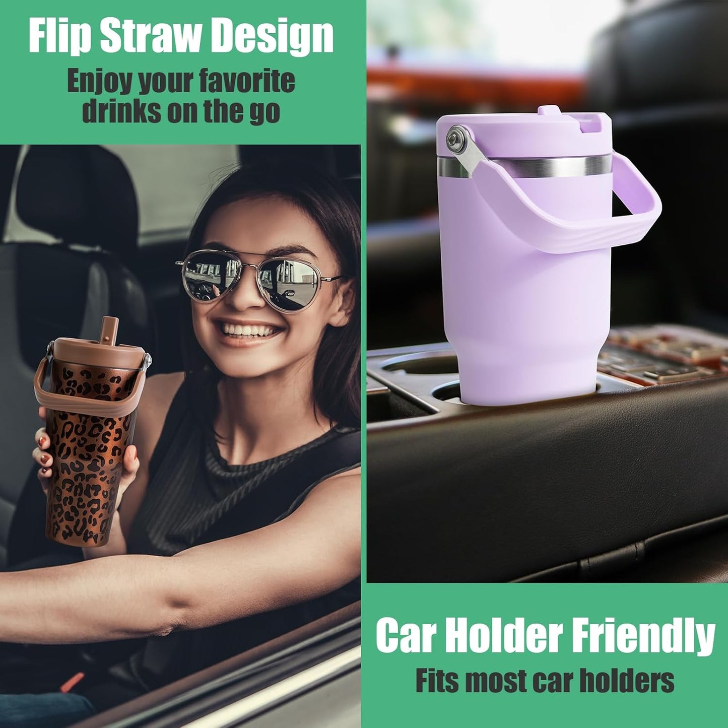 40 oz Insulated Tumbler with Top Handle and Flip Straw, Vacuum Insulated Stainless Steel Cup with Leak-Proof Lid, Sweat-Free, Fits Cup Holder, Keeps Ice Cold up to 30 Hours