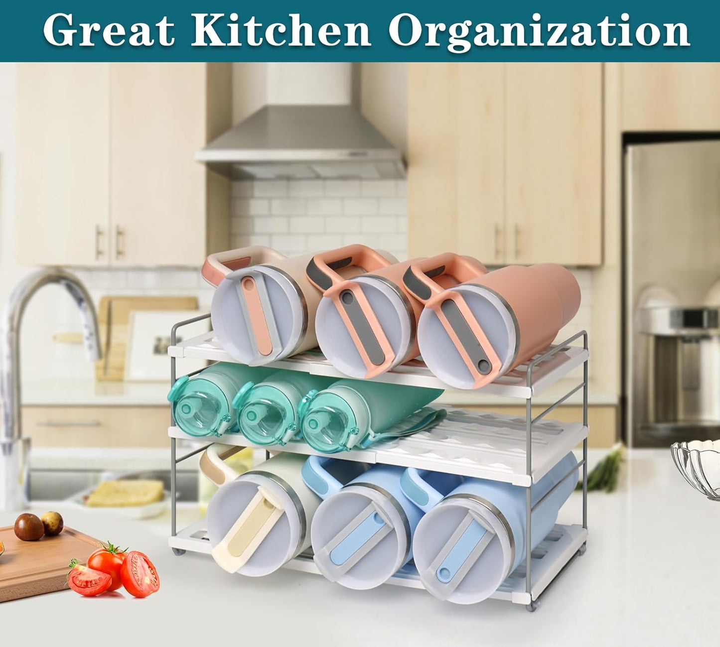 10.6-16.7" Adjustable Width Water Bottle Organizer for Cabinet, 3-Tier Expandable Water Bottle Holder Rack, Cup and Tumbler Storage for Kitchen Organization, Sports Flask, Insulated Travel Mug, Fridge