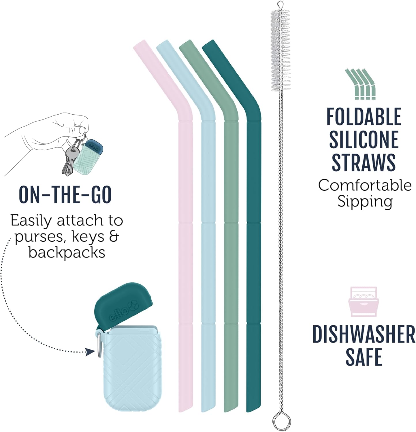 Ello Impact Pack of Reusable Silicone Straws with Fold & Store Carry Case, Portable Drinking Straw for Party Travel Cruise Ship, Includes Straw Cleaning Brush, Dishwasher Safe, BPA-Free