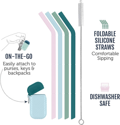 Ello Impact Pack of Reusable Silicone Straws with Fold & Store Carry Case, Portable Drinking Straw for Party Travel Cruise Ship, Includes Straw Cleaning Brush, Dishwasher Safe, BPA-Free