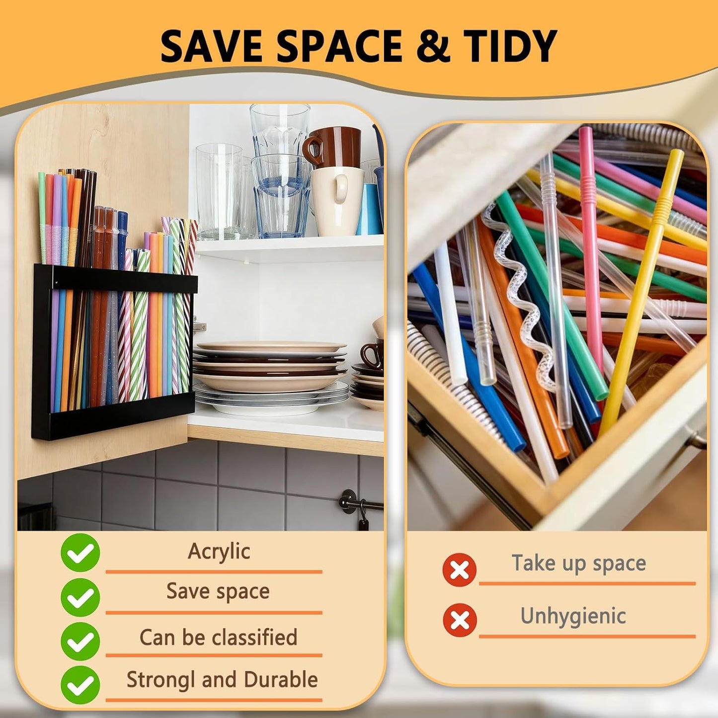 New Upgrade 9.5" Large Acrylic Straw Holder for Cabinet Door-Reusable Tumbler Straw Organizer Storage,Small Kitchen Organizers and Storage Accessories Container,Ultra Sticky Cupboard Door Mounted