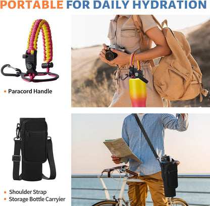 Insulated Water Bottle 40 oz - Fits in any Car Cup Holder, Keep Cold 48H Hot 24H, Stainless Steel Waterbottle Double Wall Flask with Straw, Pop-up Spout Lid, Paracord Handle, Carrier Bag