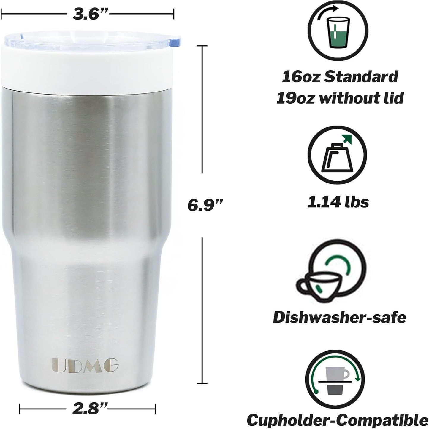 True Ceramic Lined (Not Coated) Stainless Steel Vacuum Insulated Travel Coffee Tumbler, No Metallic Taste, 16oz for Coffee & Tea On-The-Go (Original Steel)