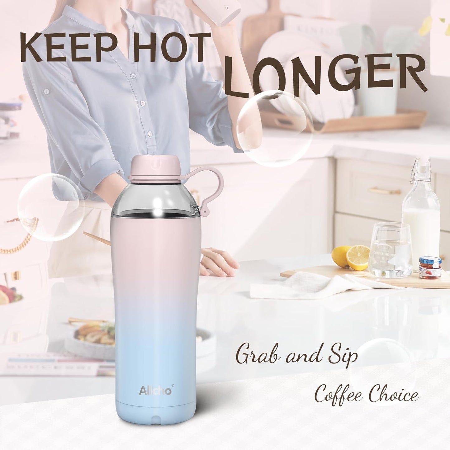 Allcho Insulated Water Bottle for Women, 18oz Stainless Steel Leak Proof Tumbler with 2 Lids, BPA-Free Tritan Chug & Straw Lid, Double Wall Vacuum Flask