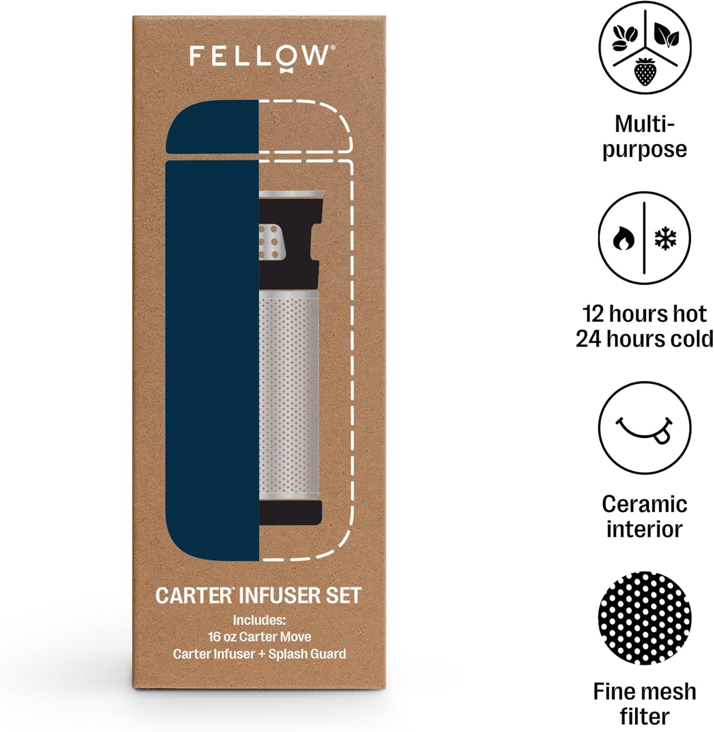 Fellow Carter Tea + Cold Brew Infuser & Carter Move 16 oz Tumbler Set - Steep Tea On-The-Go - Vacuum-Insulated Stainless Steel Travel Mug w/Snap-In Infuser For Steeping, Cold Brew, Stone Blue