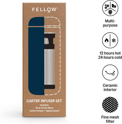 Fellow Carter Tea + Cold Brew Infuser & Carter Move 16 oz Tumbler Set - Steep Tea On-The-Go - Vacuum-Insulated Stainless Steel Travel Mug w/Snap-In Infuser For Steeping, Cold Brew, Stone Blue