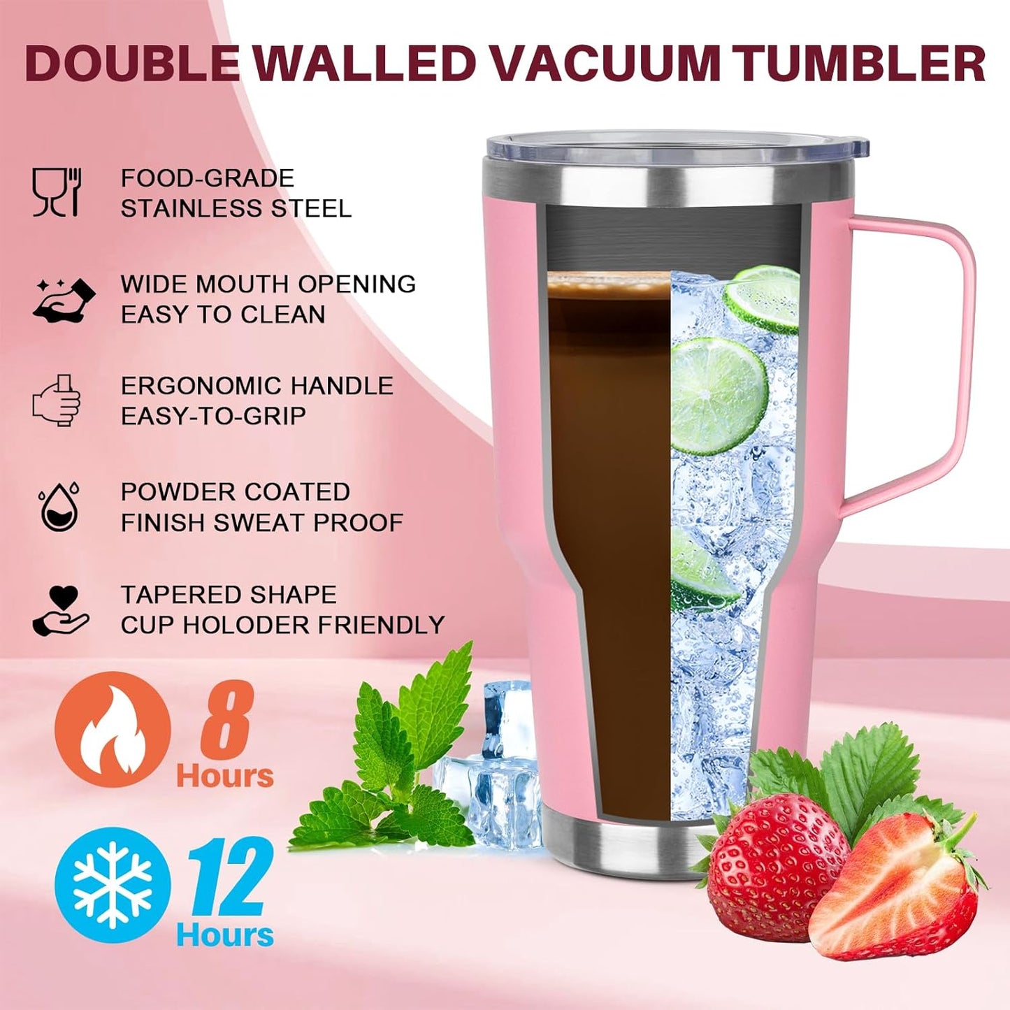 40 oz Tumbler with Handle, Insulated Tumbler with Lid and Straw, Reusable Stainless Steel Vacuum Insulated Cup, 100% Leak Proof Thermal Travel Coffee Mug Cup for Cold and Hot (Light Purple)