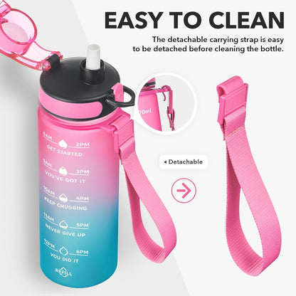 Enerbone Water Bottle, Leakproof BPA & Toxic Free, Motivational Water Bottle with Times to Drink and Straw, Fitness Sports Water Bottle with Strap for Office, Gym, Outdoor Sports