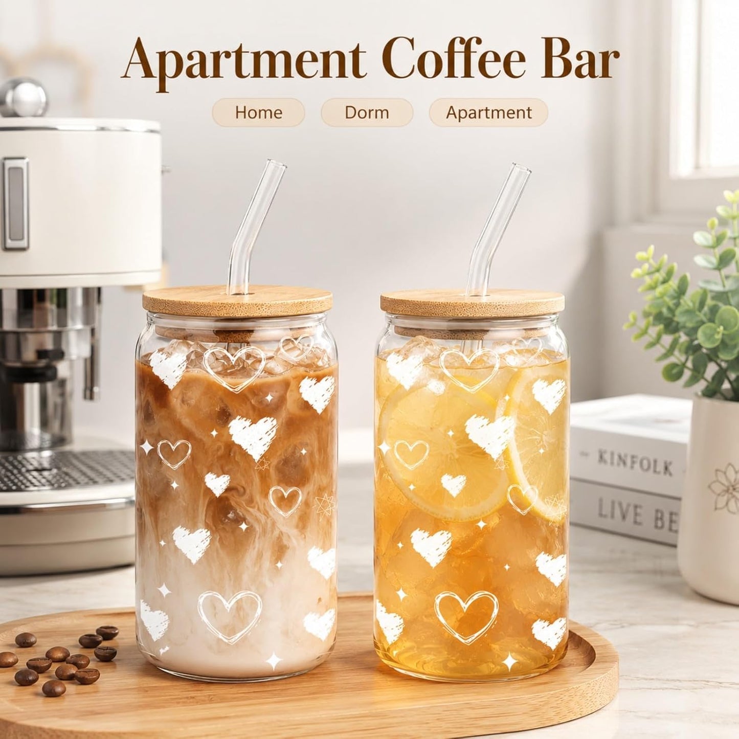 Glass Cups with Lids and Straws 1Pack,Glass Coffee Cups,Glass Cup with Lid for Iced Coffee,Smoothie,Cocktail,Beer,Whiskey,Soda,Matcha,16 Oz Glass Cup with Bamboo Lid,1 Brush
