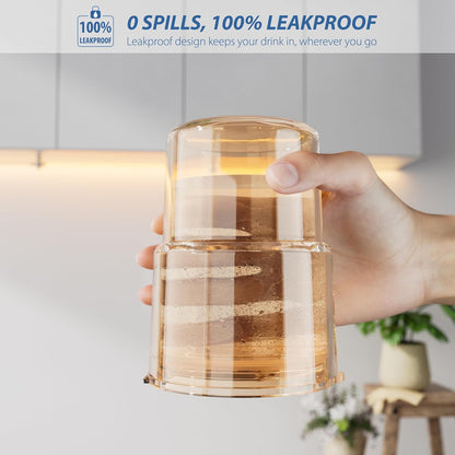 13 oz Iced Coffee Cup, Glass Tumbler with Straw and Lid for Tea, Matcha, Cold Brew, Sealed, Portable, Thick Wall, BPA-Free (Amber)