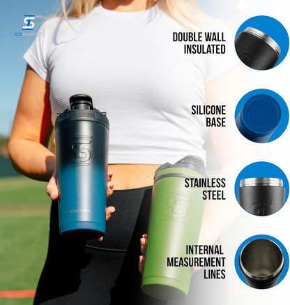 Ice Shaker Insulated Stainless Steel Shaker Bottle | 26oz, Bomber | Cold for 30+ Hours | Insulated Cup with Twist-on Agitator | Odor-Free Bottle for Protein Shakes, Water, Smoothies, Cocktails