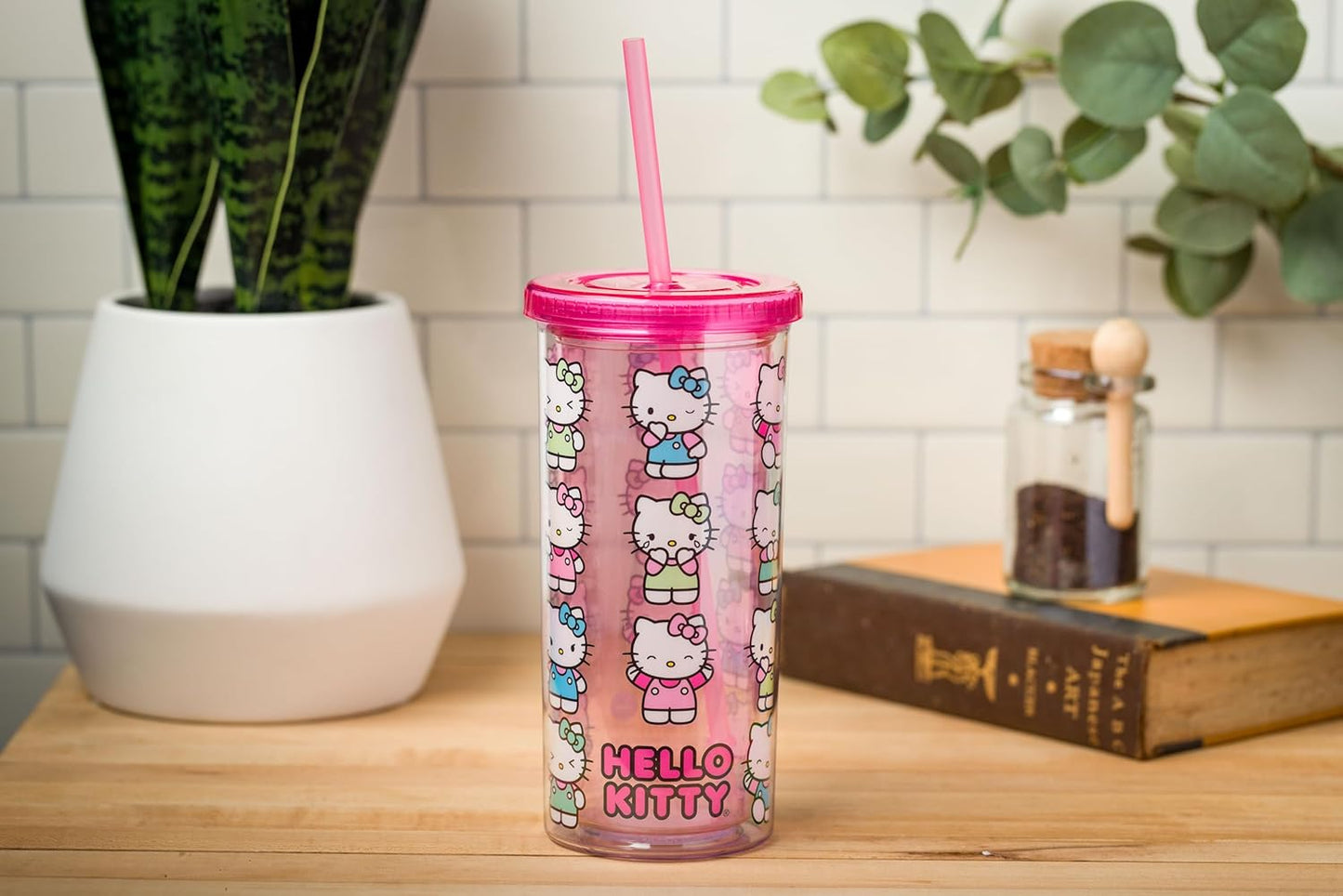 Silver Buffalo Sanrio Hello Kitty Milk Carton Pattern Plastic Boba Tumbler w Lid and Wide Straw, 24 Ounces