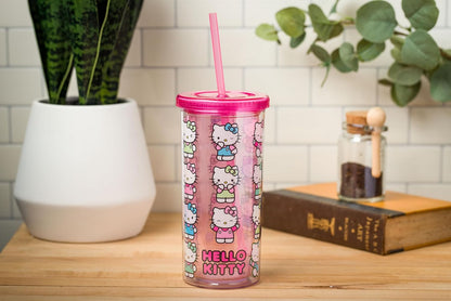 Silver Buffalo Sanrio Hello Kitty Milk Carton Pattern Plastic Boba Tumbler w Lid and Wide Straw, 24 Ounces