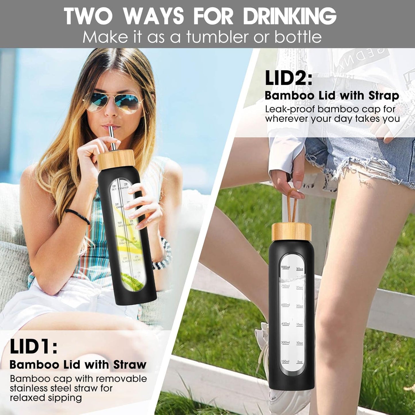 SipZest 32 oz Glass Water Bottle with Straw - Motivational Time Marker & Silicone Sleeve - Reusable Tumbler Includes 2 Bamboo Lids & Fruit Infuser - 1 Pack