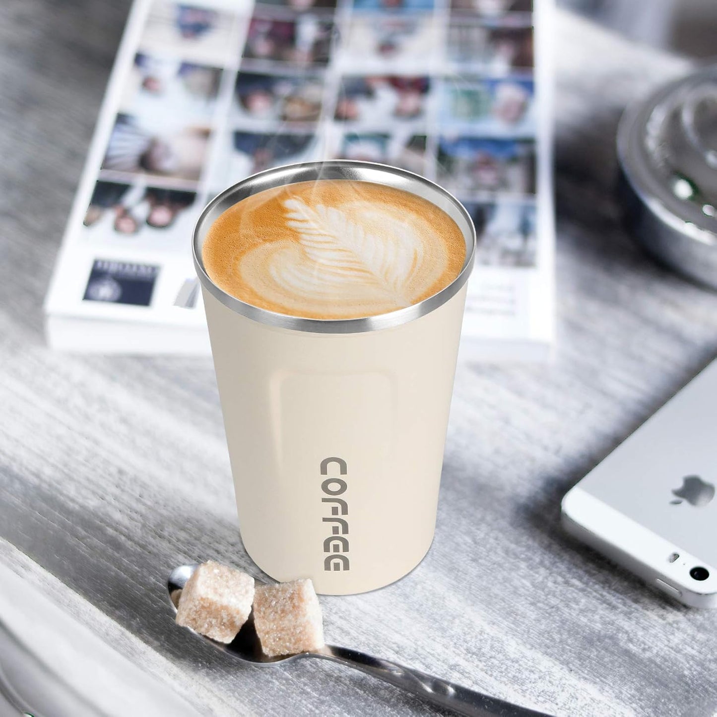 17oz (510ml) Vacuum Insulated Coffee Travel Mug, Leak proof Double Wall Stainless Steel Reusable Cup with Lid, Thermal Tumbler for Hot and Cold Drinks, Matte Texture White