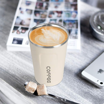 17oz (510ml) Vacuum Insulated Coffee Travel Mug, Leak proof Double Wall Stainless Steel Reusable Cup with Lid, Thermal Tumbler for Hot and Cold Drinks, Matte Texture White