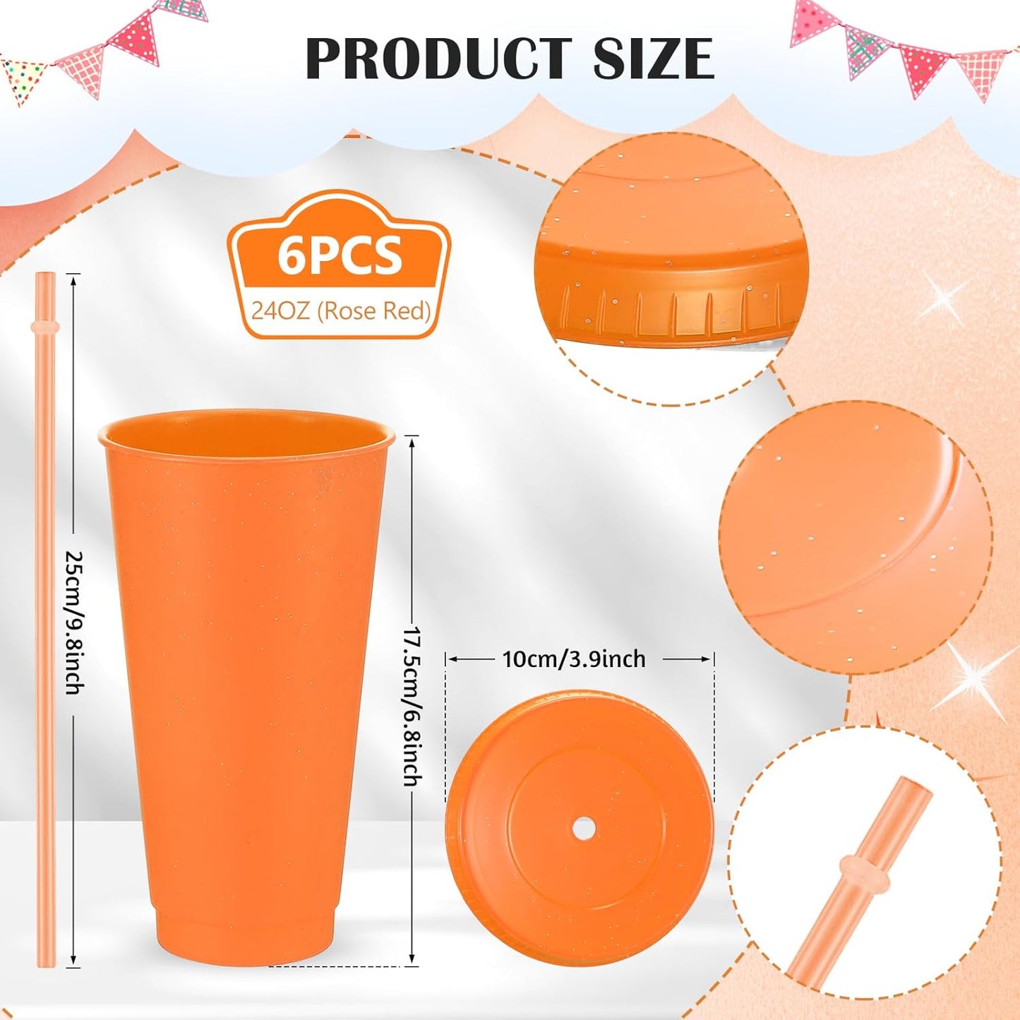 Uiifan 6 Pcs 24 oz Reusable Tumbler with Lids and Straws Plastic Iced Coffee Tumbler Glitter Travel Mug Cup for Smoothie Juices Birthday Party Cold Drink Coffee Cup Bulk for Adult Kid Women (Clear)